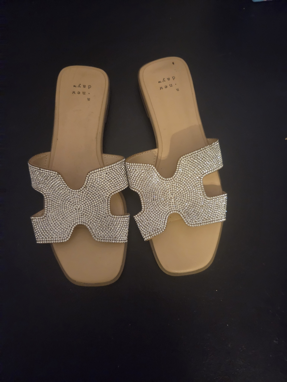 Embellished Tan Slide Sandals with Rhinestone Upper